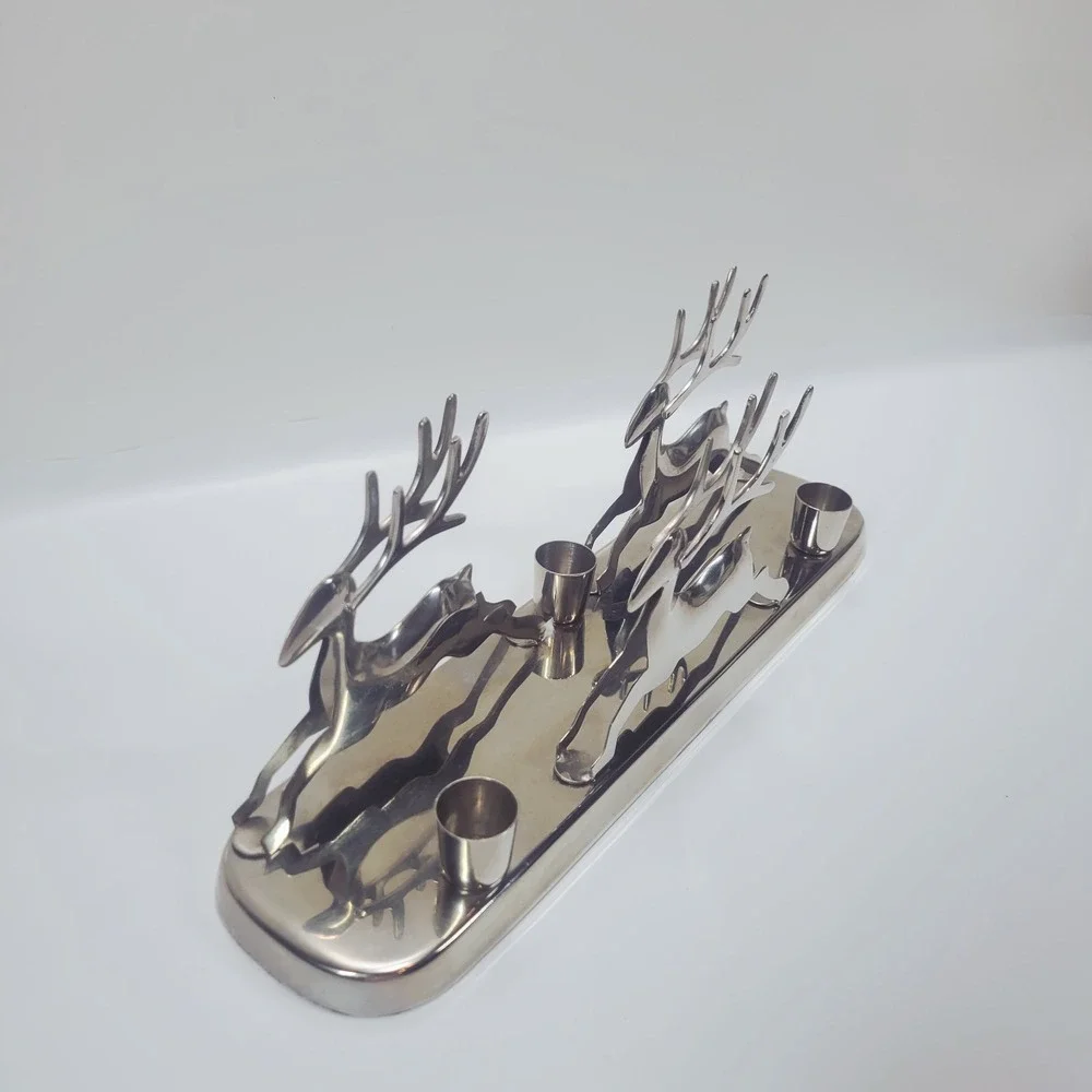 CRATE & BARREL Triple Taper Reindeer Polished Silver Candle Holder 13